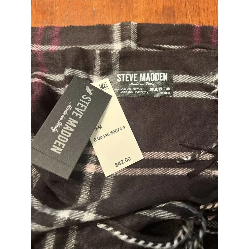 NWT Steve Madden Mid Weight Purple Black White Plaid Muffler Scarf - Picture 2 of 3